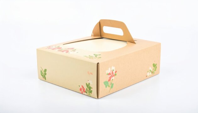 Charming Beige Pastry Box with Handle and Delicate Pink Floral Art Isolated on White.