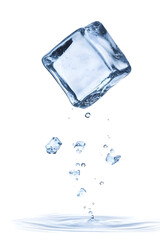 Falling ice cube, isolated on white background
