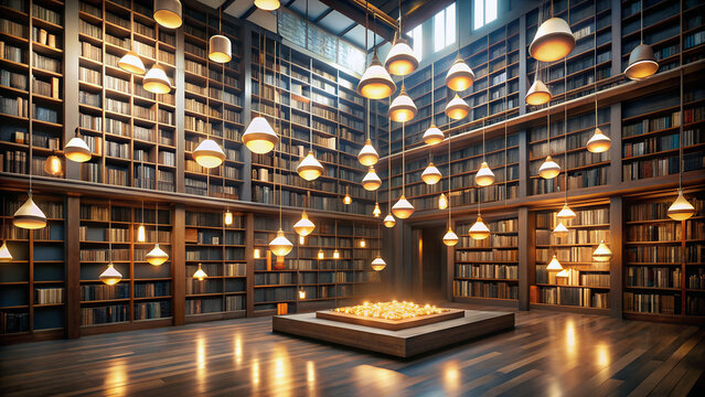 Stunning library ambiance with warm lighting and bookshelves