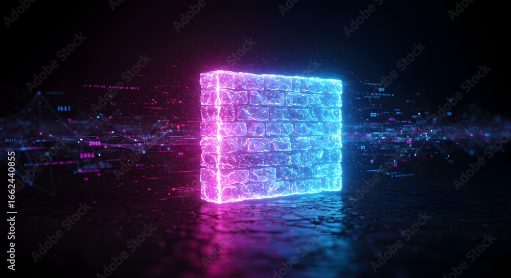 Poster neon glowing digital cube with abstract network background