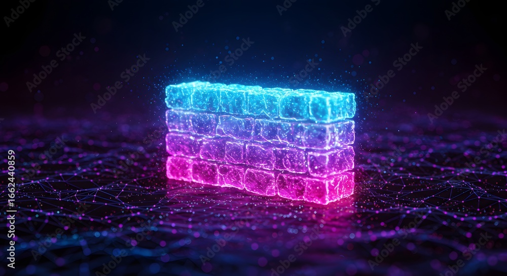 Poster vibrant neon barrier futuristic data wall with glowing blocks and interconnected network illustratin