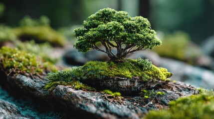 Miniature Bonsai Tree Growing on Moss-Covered Rock in a Lush Forest