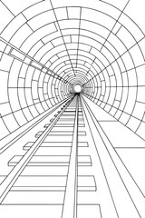 Obraz premium Railway tunnel perspective line illustration. Train track vector drawing. EPS art