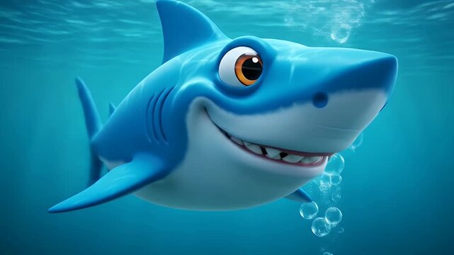 Friendly Cartoon Shark Character Swimming in Blue Water.