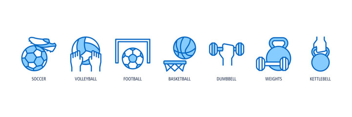 Team Sports Action Outline Blue Icons Web Banner – soccer, volleyball, football, basketball, dumbbell, weights, kettlebell