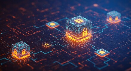 Cybersecurity Data Protection Concept Digital Padlock Cubes on an Abstract Circuit Board Network Representing Secure Information and Blockchain Technology.