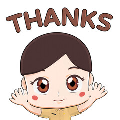 Happy 3D chibi girl cartoon character with thanks text, kawaii mascot illustration, perfect for appreciation, comics, emoji, stickers, and digital creative projects.
