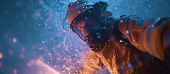 Close-up of a person wearing a helmet and goggles enjoying a water sport activity outdoors
