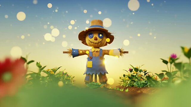 Friendly Scarecrow Standing Guard in a Vibrant Garden.