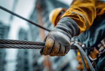 Close-up of a person wearing gloves and safety harness holding onto a steel cable during work