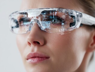 Close-up of a person wearing high-tech reflective sports sunglasses with a blurred outdoor background