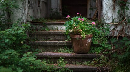Weathered steps and overgrown porch
