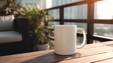 blank white mug mockup on a wooden balcony railing with modern furniture and glowing morning sunlight