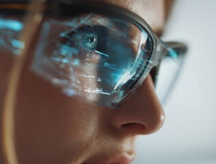 Close-up of a person wearing protective goggles with a reflective and detailed facial features