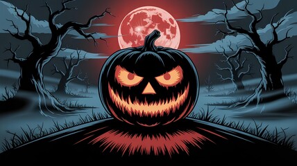 A scary Halloween vector image with pumpkin and trees and red moon ,Halloween season