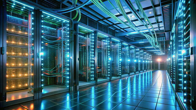 Modern server room with rows of glowing data racks