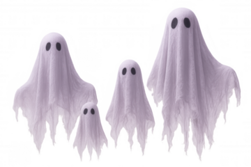 Four flying ghosts floating against a transparent background, perfect for halloween party decorations and spooky designs