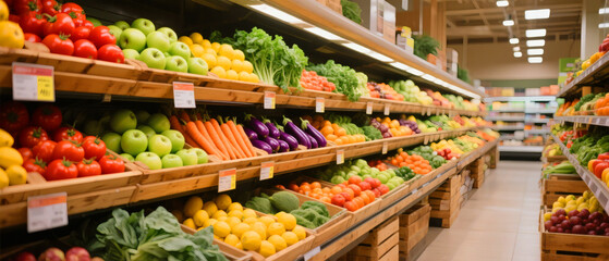 Fototapeta premium Grocery Store Produce Section Fresh Fruits Vegetables Supermarket Shopping Food Market Organic Healthy