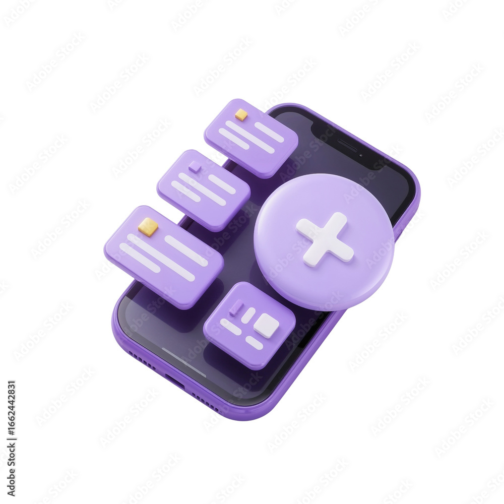 Poster stylized phone with floating card and plus icon showcasing a streamlined digital interface