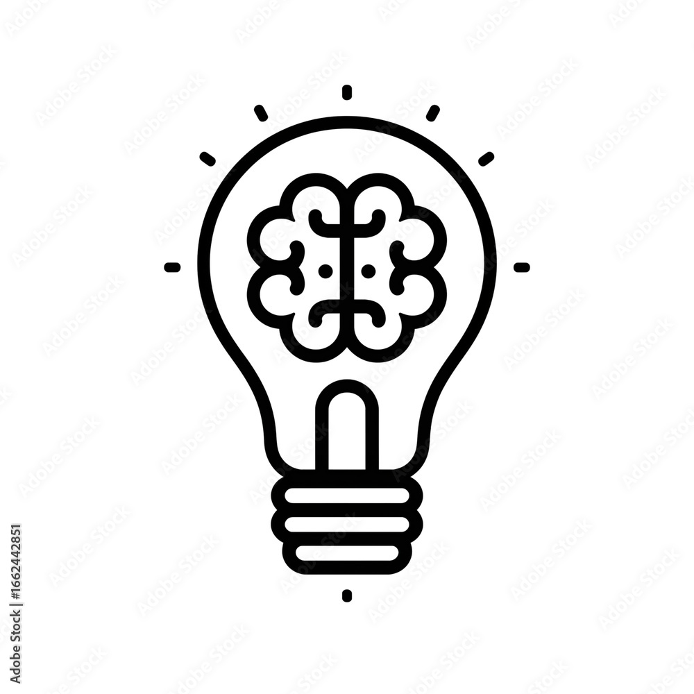 Poster conceptual lightbulb outline with brain form isolated on transparent canvas minimalist design