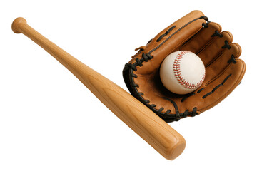 Close-up of a wooden baseball bat, leather glove, and white baseball isolated on a transparent background, representing Americas favorite sport and classic baseball equipment