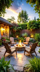 Cozy backyard patio at dusk