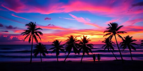 Obraz premium Vibrant sunset over a tropical beach with palm trees, waves, and dancing silhouettes, sky, illustration