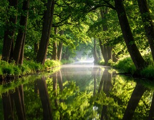 Naklejka premium Tranquil forest waterway at dawn