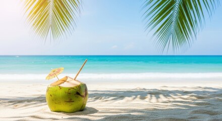 A refreshing coconut drink with a straw and umbrella sits on a white sandy beach, framed by palm leaves, overlooking a turquoise ocean under a bright blue sky.