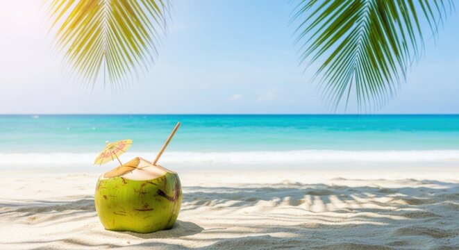 A refreshing coconut drink with a straw and umbrella sits on a white sandy beach, framed by palm leaves, overlooking a turquoise ocean under a bright blue sky.