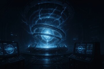 Futuristic energy core with swirling electricity in a dark technological room
