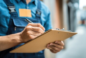 Close-up of a person writing on a clipboard with a pen in an outdoor setting during daytime