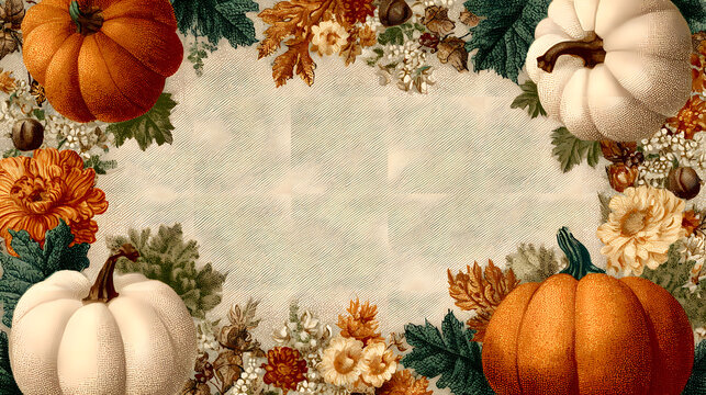 A cute thanksgiving or falll themed border with blank copyspace for a custom message - pumpkins, leaves and fall elements make a border for signage, menu invitation or poster, vintage illustration