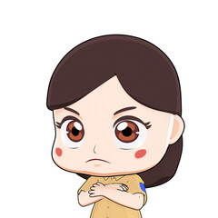 Angry 3D chibi girl cartoon character with fierce expression, kawaii mascot illustration, perfect for emoji, stickers, comics, digital artworks, and creative projects.
