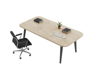 Contemporary workspace arrangement showcasing a wooden desk with modern accents on transparent