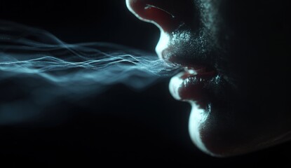 Close-up of a person's face exhaling vapor or smoke in a dark environment