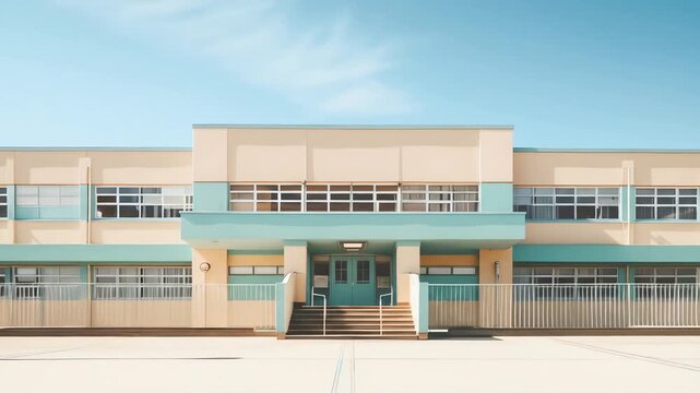 A light yellow and mint green school building with large windows