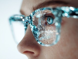 Close-up of a person's face wearing stylish reflective eyeglasses with water droplets