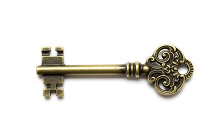 Ornate antique key subtly gleaming against bright white background. AI Generated