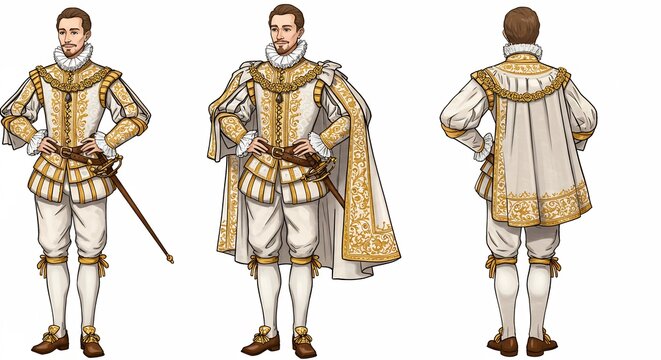 Elegant Renaissance Gentleman Poses Softly Lit Detailed Costume Illustration. AI Generated