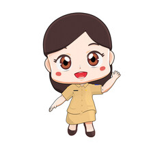 Shy 3D chibi girl cartoon character with blushing cheeks and shy pose, kawaii mascot illustration, suitable for emoji, sticker, comic, and creative artworks.
