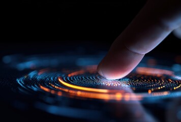 Close-up of a person's finger touching a glowing digital interface with vibrant light trails