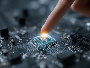 Close-up of a person's finger touching a glowing digital circuit board with sparks