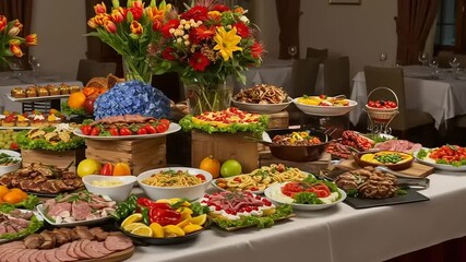A lavish buffet spread featuring a variety of colorful dishes, fruits, and floral arrangements in a dining setting