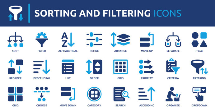 Sorting and filtering icon set. Containing filter, list, arrange, refine, sort, organize, priority, reorder, category and more. Solid vector icons collection.