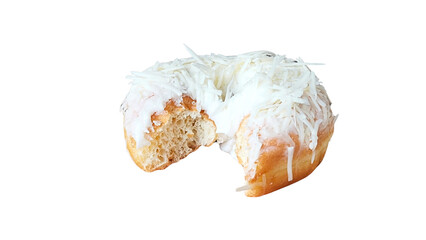 Half-eaten donut with shredded cheese topping, bite marks visible, isolated on a transparent background. Perfect for snack ads, food blogs, or bakery visuals with a realistic touch