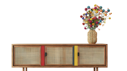 Stylish wooden chair next to a sideboard in a modern living room