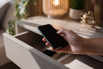 Close-up of a person's hand holding a smartphone over a modern kitchen countertop with plants and decor