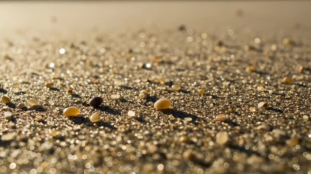 Minimalist beach aesthetic vibes. Minimalist beach aesthetic with small pebbles, wet sand, and shells sparkling soft sunlight creating calm, serene