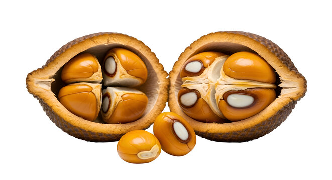 Close-Up of Opened Mabolo Fruit Reveals Seeds on Transparent Background, Exotic Fruit